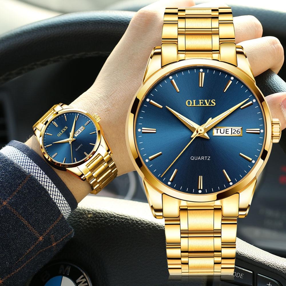 OLEVS Fashion Watch For Men Blue Golden with Stainless steel