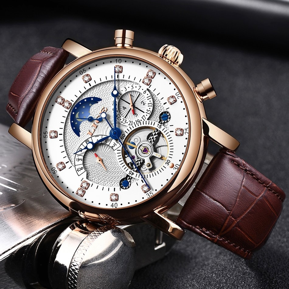 LIGE Mens Watches Top Brand Luxury Automatic Mechanical Watch Tourbillon Clock Man Leather Watch Strap Waterproof Wristwatch