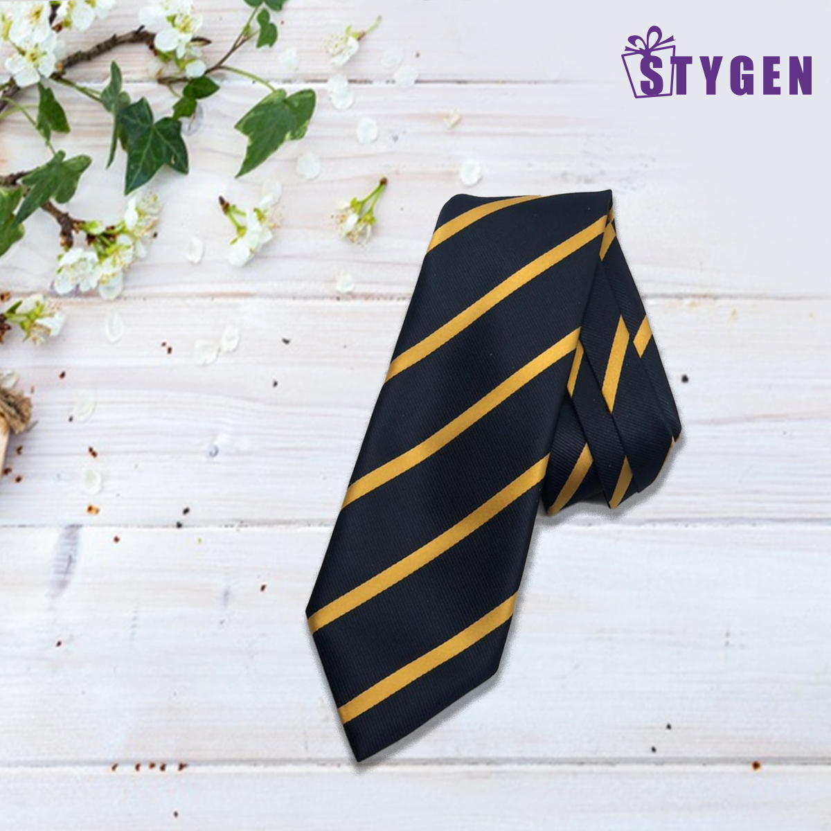 Formal Ties for Men - Navy Blue and Yellow Stipe
