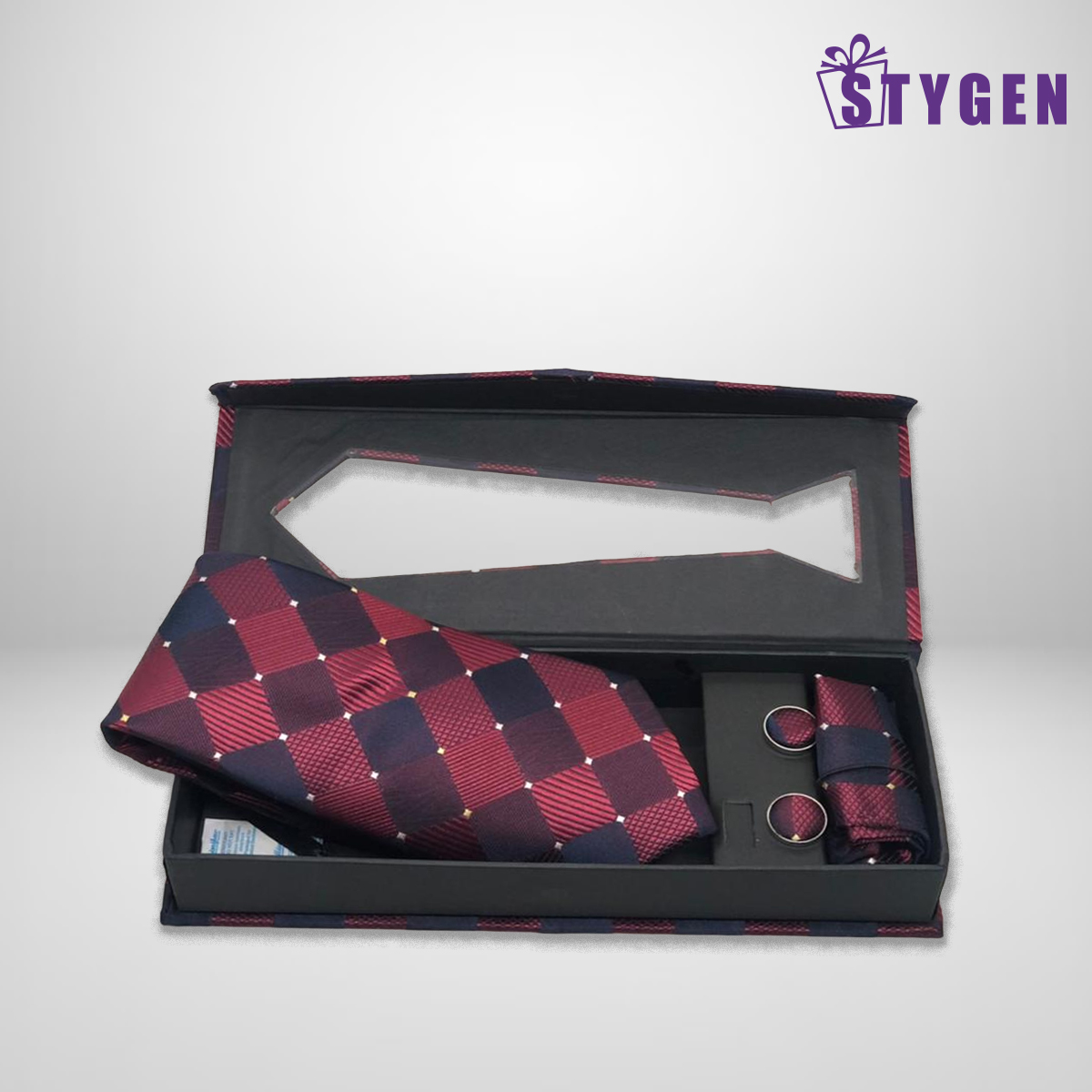 Tie with Cufflink & Pocket Square - Maroon and Navy Blue Check