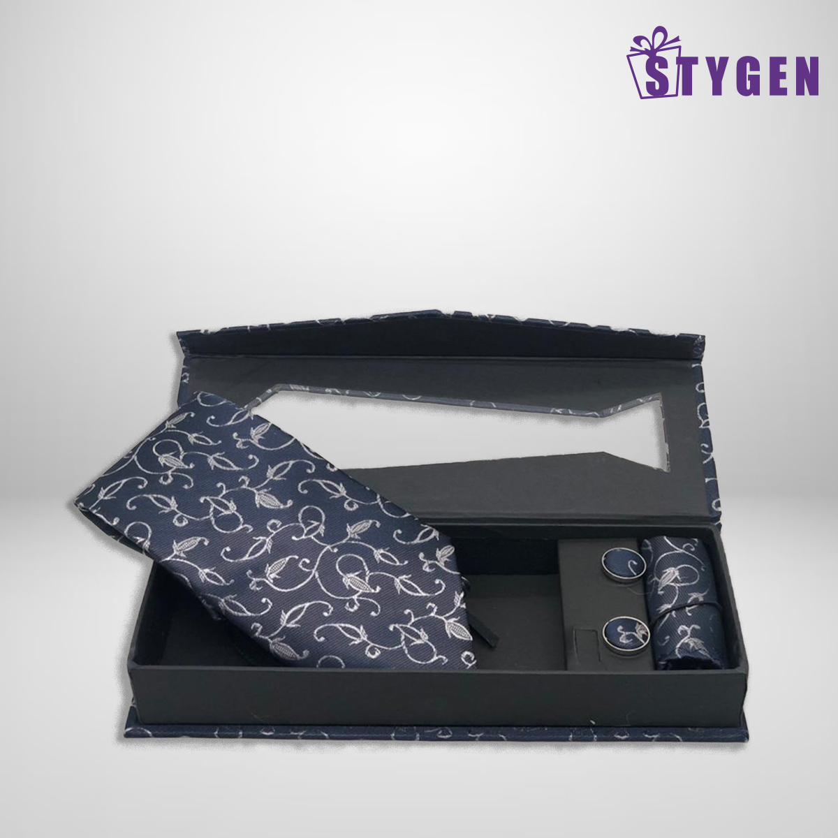 Tie with Cufflink & Pocket Square - Navy Blue and Silver