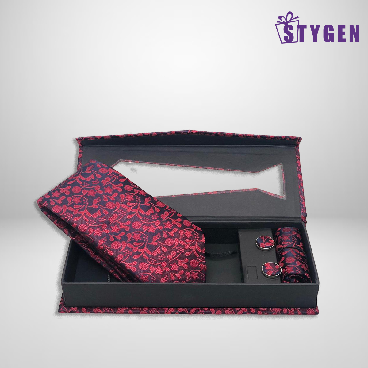 Tie with Cufflink & Pocket Square - Maroon Floral
