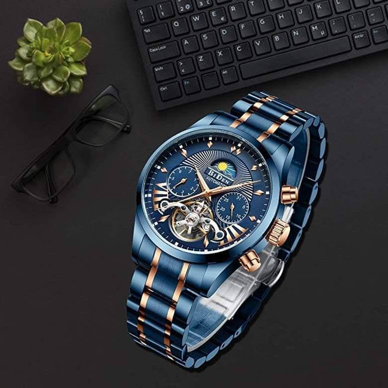 BIDEN 0189 Automatic Luxury Mechanical Blue and Golden Men Wristwatch