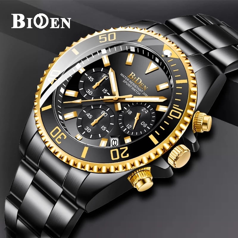 Biden 0163 Chronograph Stainless Steel Waterproof Date Analog Quartz Wrist Watch For Men Full Black