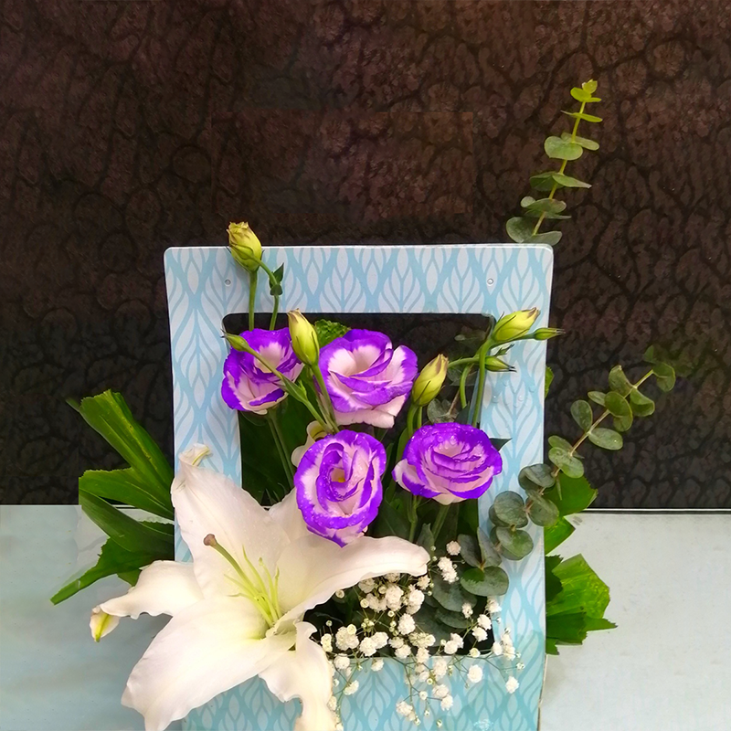 Roses & Lily Arranged In A Flower Bag (1)