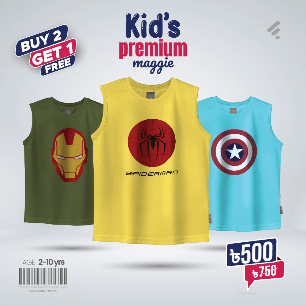 Kids Premium Maggie - Combo 3 (Ironman, Superman, Thor) 100% Cotton