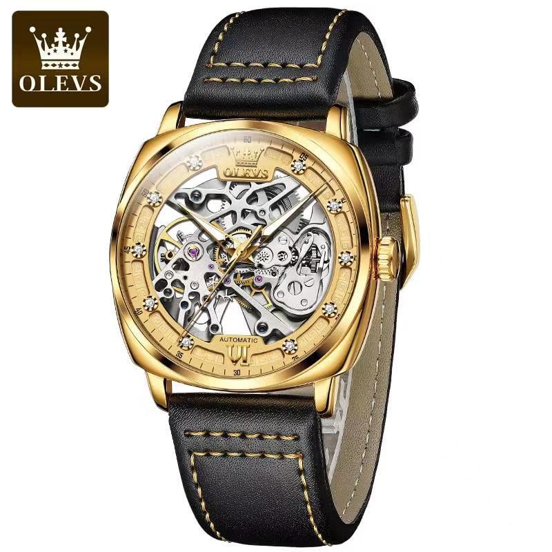 OLEVS MEN AUTOMATIC WATCH SQUARE VINTAGE SKELETON MECHANICAL DIAL LEATHER LUXURY BRAND WATCHES CAUSAL FASHION BUSINESS