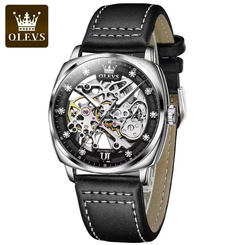 OLEVS MEN AUTOMATIC WATCH SQUARE VINTAGE SKELETON MECHANICAL DIAL LEATHER LUXURY BRAND WATCHES CAUSAL FASHION BUSINESS