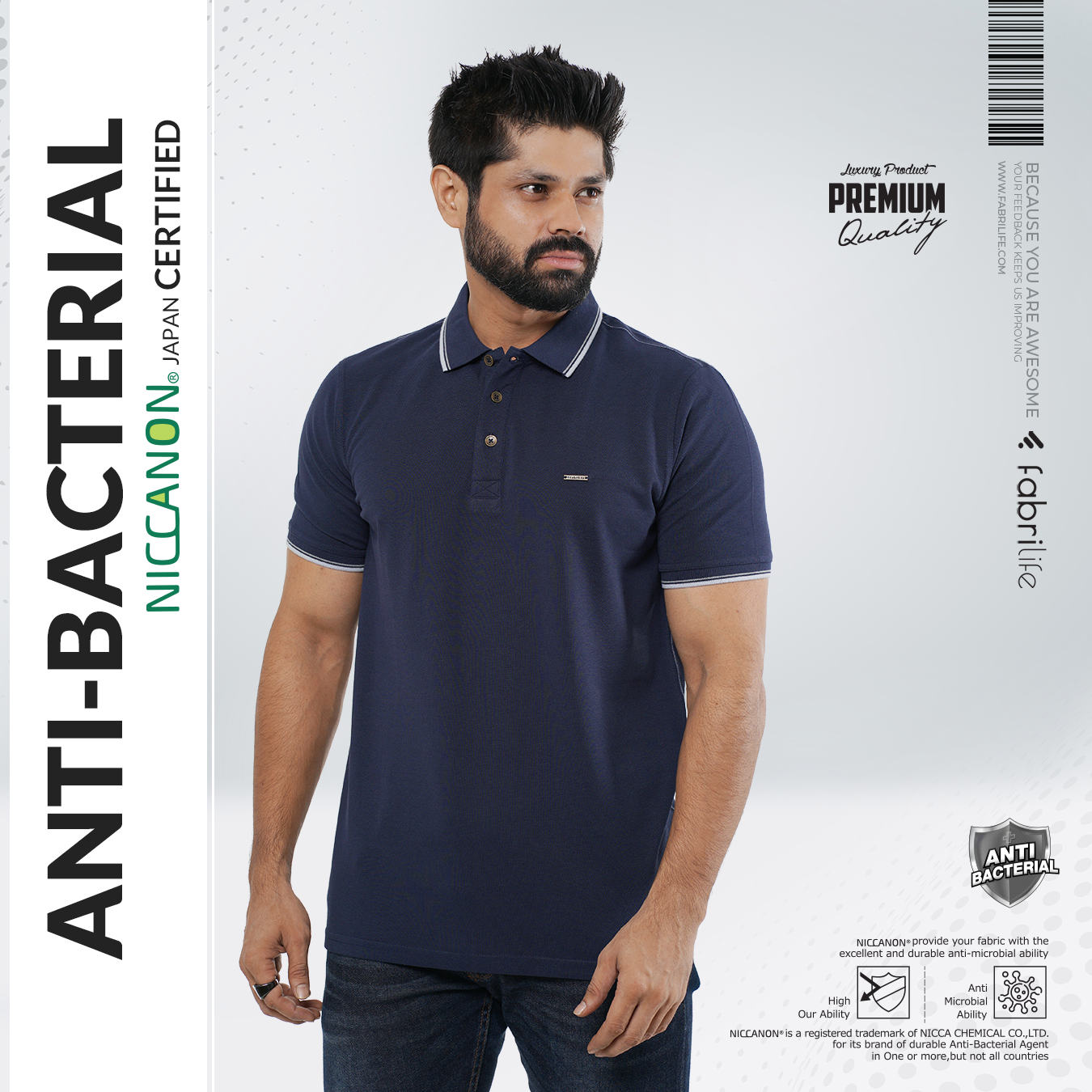 Certified Anti-bacterial Fabrilife Premium Polo - Navy 100% Cotton
