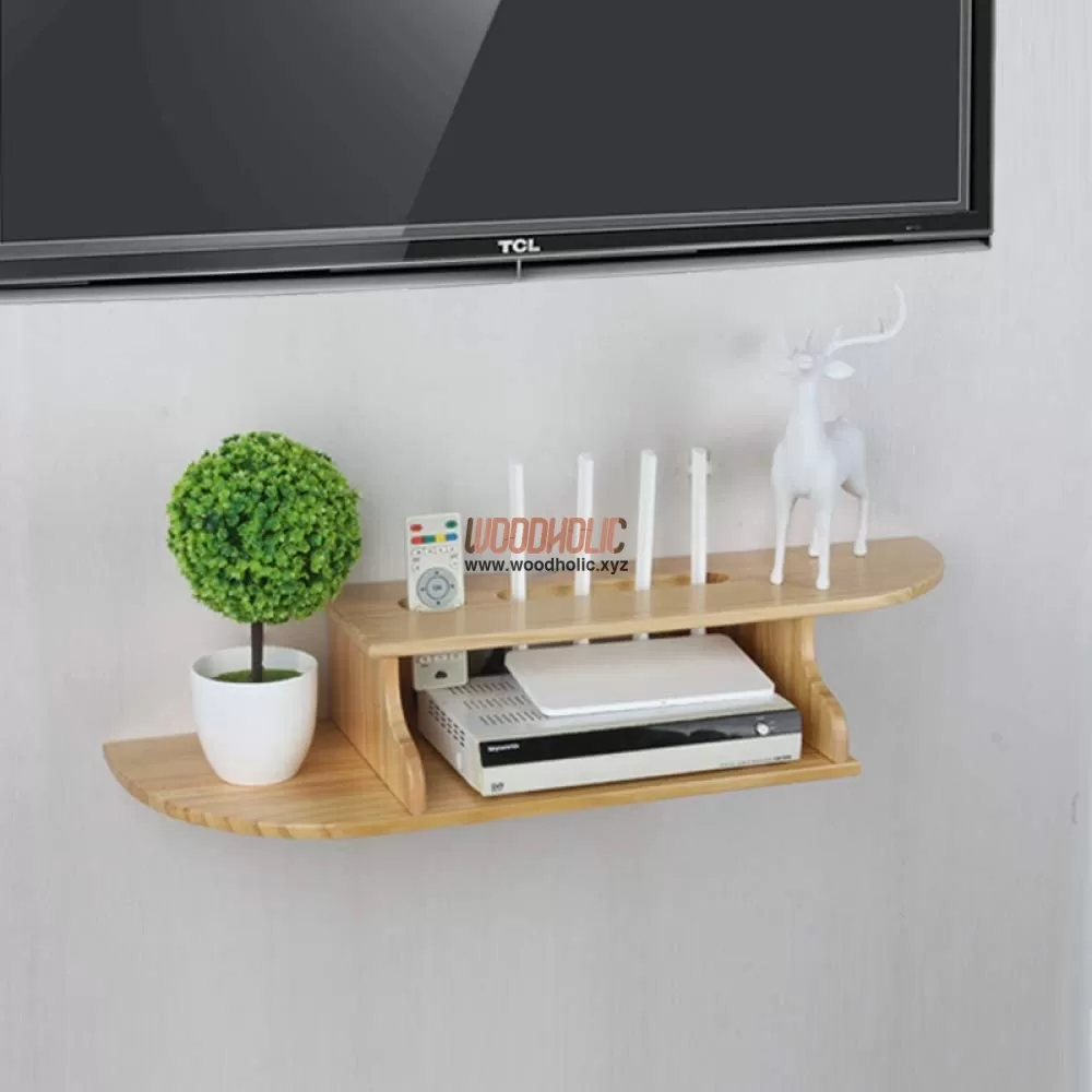 Wall Mounted Shelves Wooden WiFi Router & Remote Holder