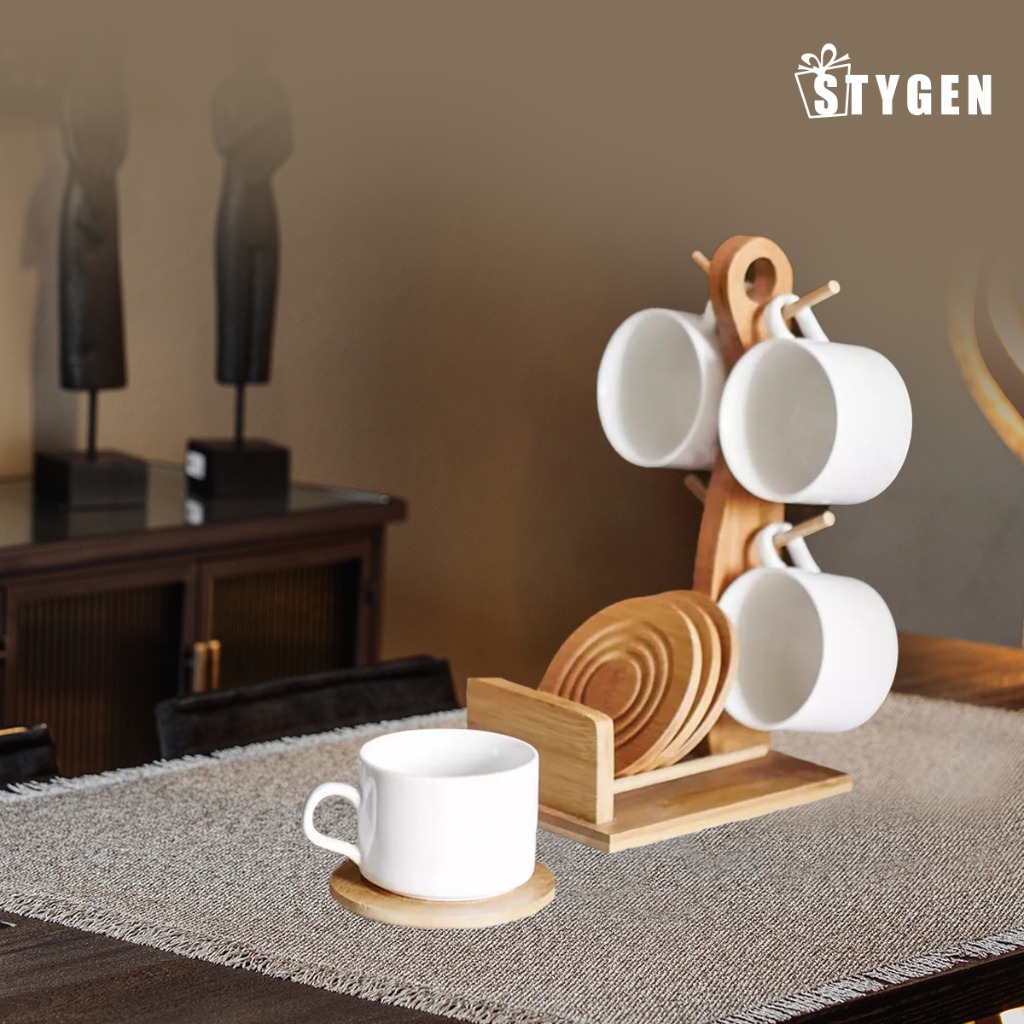 4 pieces exclusive ceramic cup and saucer with beautiful wooden stand