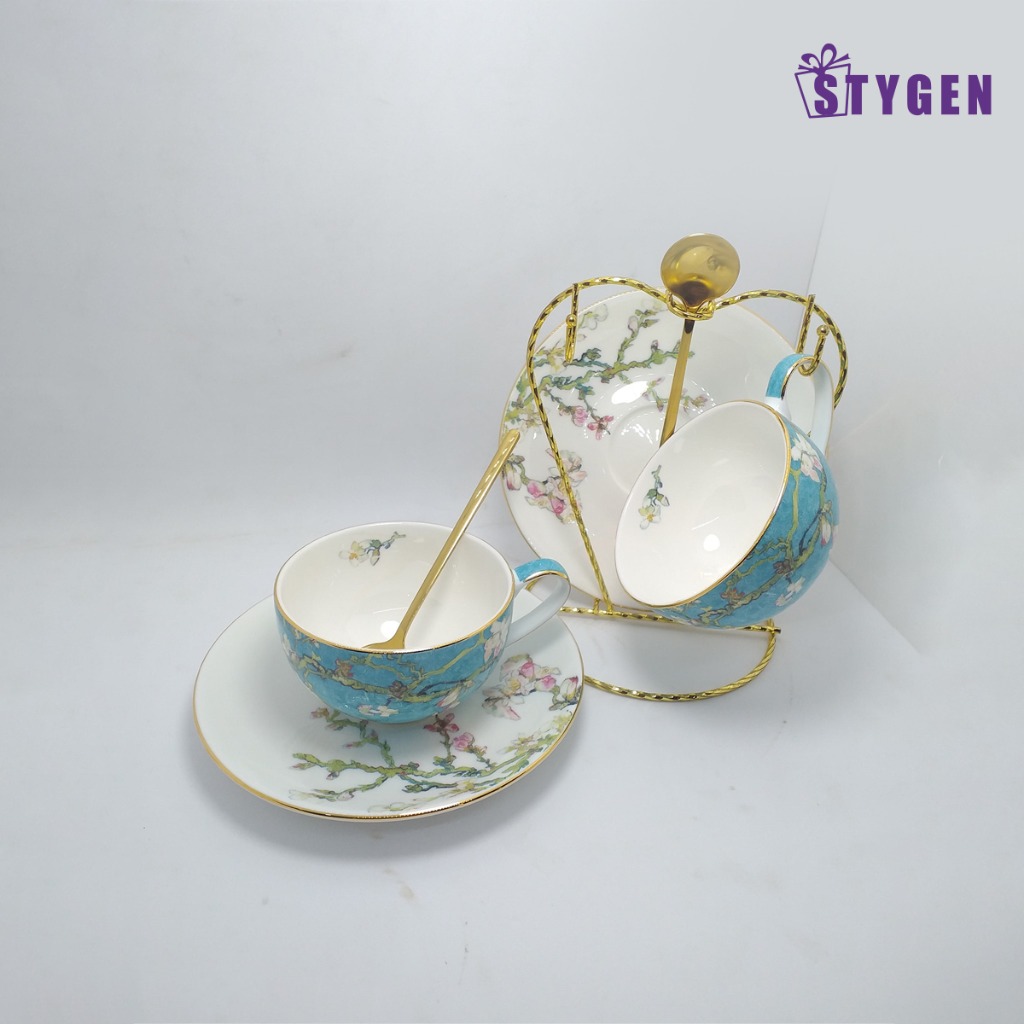 2 Pieces Ceramic Cup Set With Spoons And  Beautiful Stand