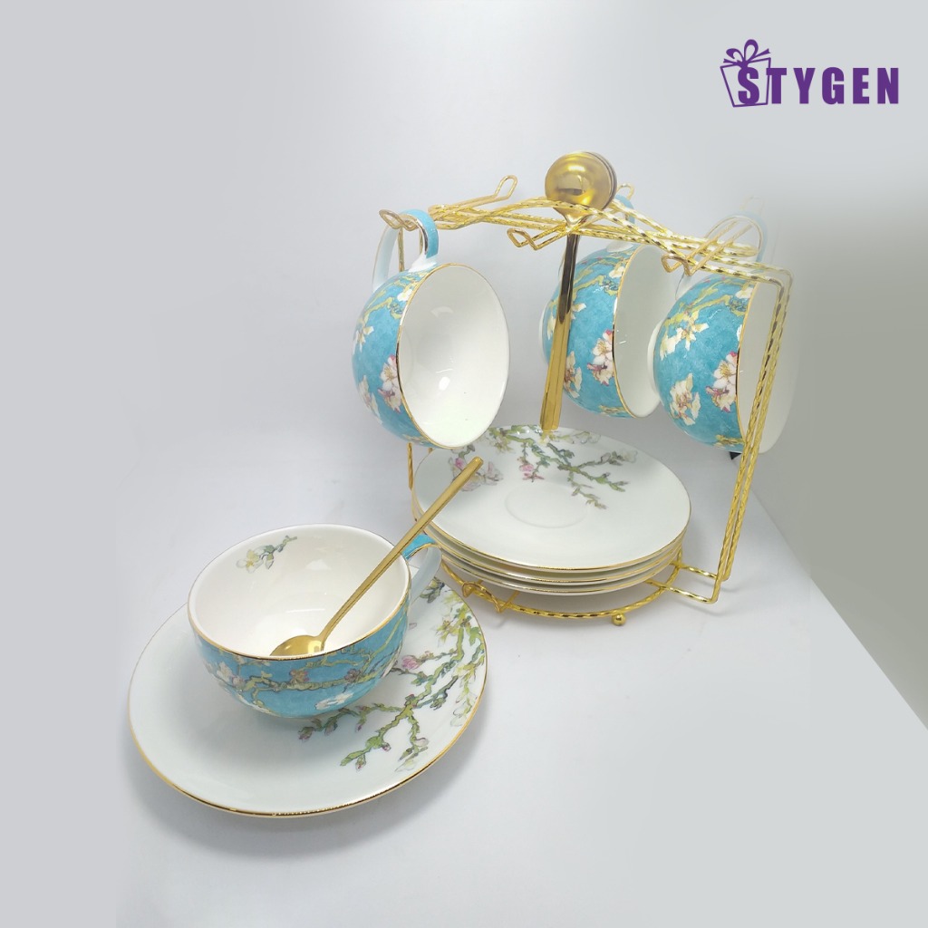 4 Pieces Ceramic Cup Set With Spoons And Beautiful Stand