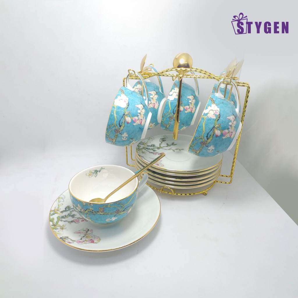 6 Pieces Ceramic Cup Set With Spoons And Beautiful Stand