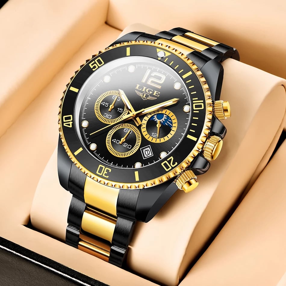 LIGE Watches Mens Top Brand Luxury Clock Casual Stainless Steel 24Hour Moon Phase Men Watch Sport Waterproof Quartz Chronograph