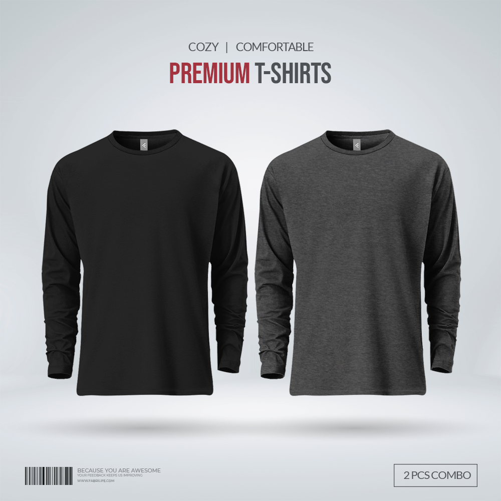 Mens Premium Blank Full Sleeve T Shirt Combo | Black, Anthra Melange