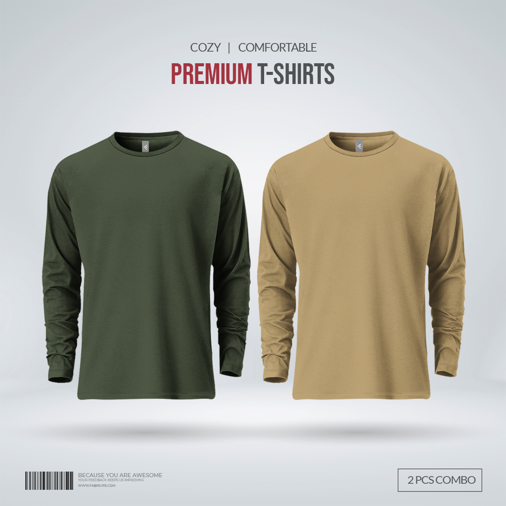 Mens Premium Blank Full Sleeve T Shirt Combo | Olive, Tan