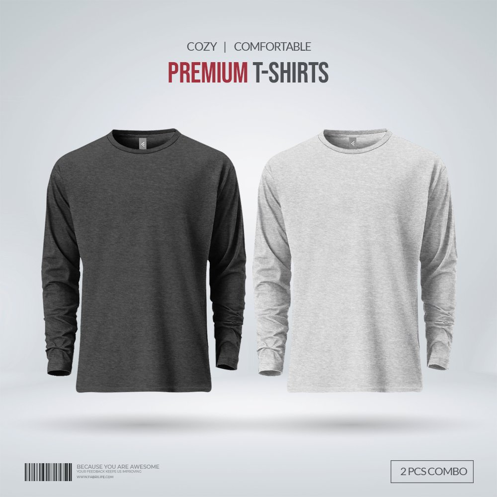 Mens Premium Blank Full Sleeve T Shirt Combo | Anthra Melange, Gray Melange