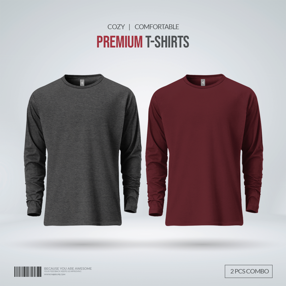 Mens Premium Blank Full Sleeve T Shirt Combo | Anthra Melange, Redwine