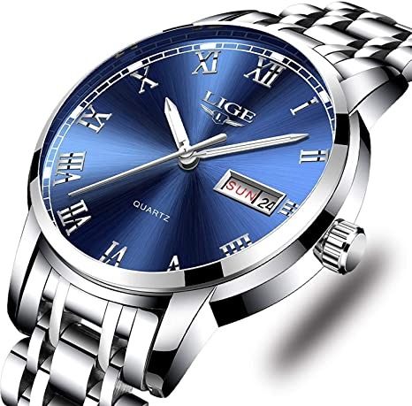 LIGE Mens Fashion Waterproof Stainless Steel Analogue  Luxury BusinessWatch for Men