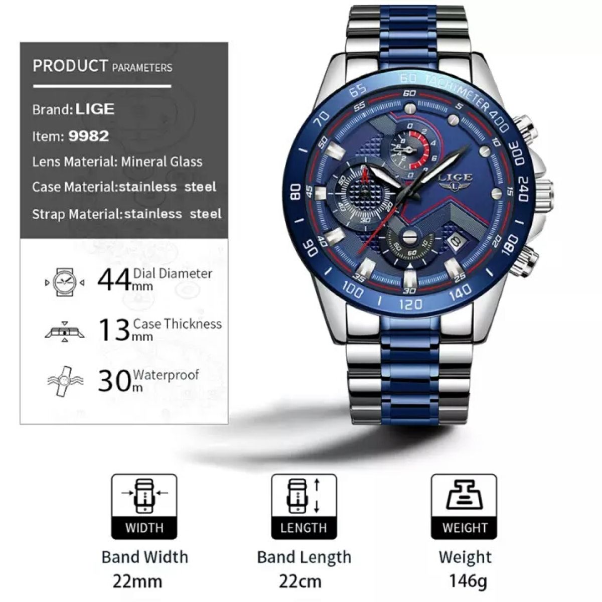 LIGE 9982 Chronograph Quartz Men's Wrist Watches Silver Blue