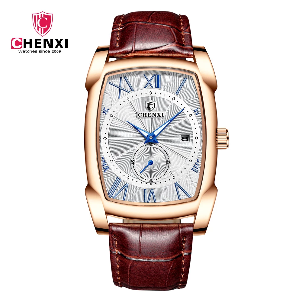 Luxury Brand CHENXI  Rectangle Case Quartz Watch Fashion Sport Chronograph Men's Watches Leather Waterproof Wristwatches