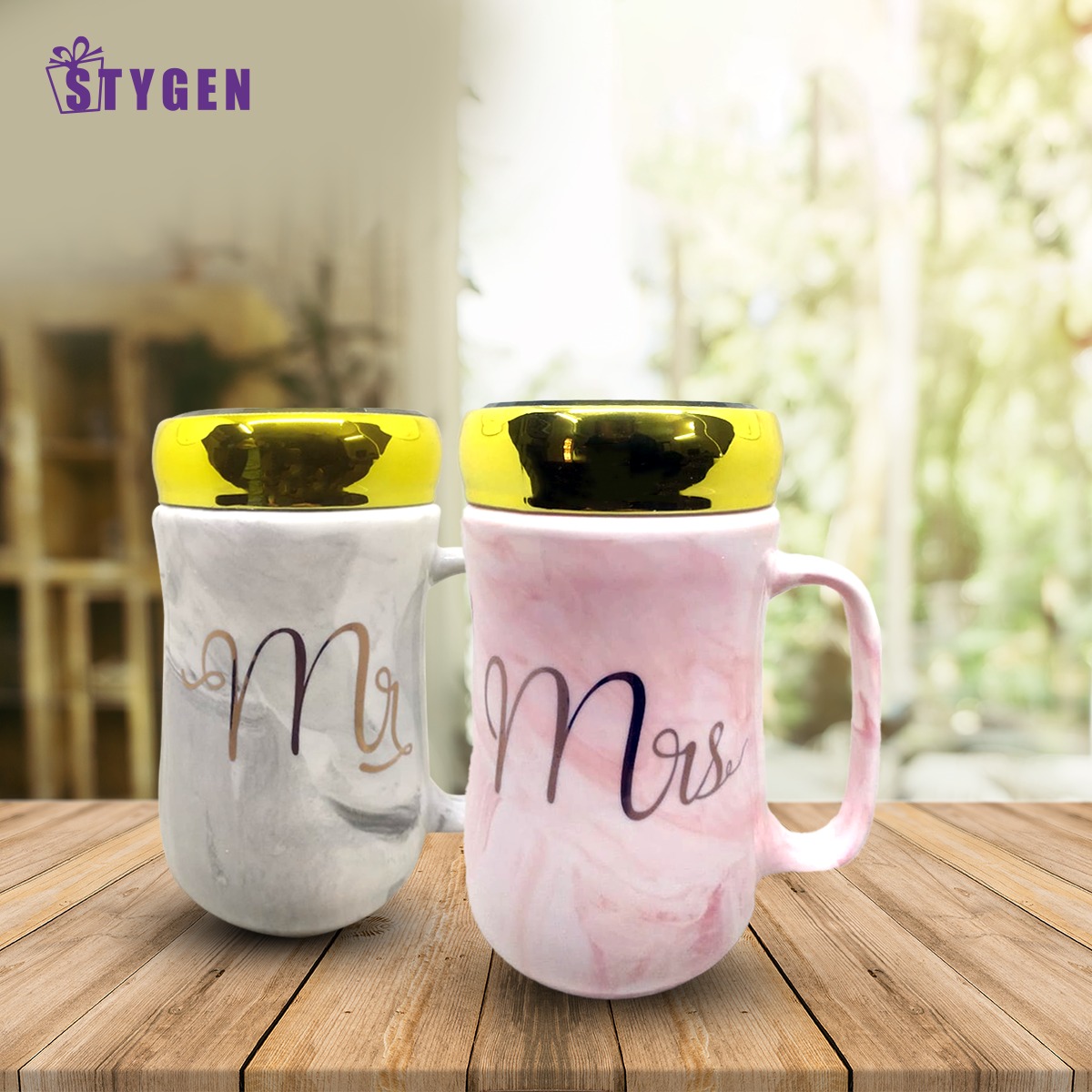 Thermos Couple ceramic Coffee Mug with Glass Mirror Lid - (Mr. and Mrs.)