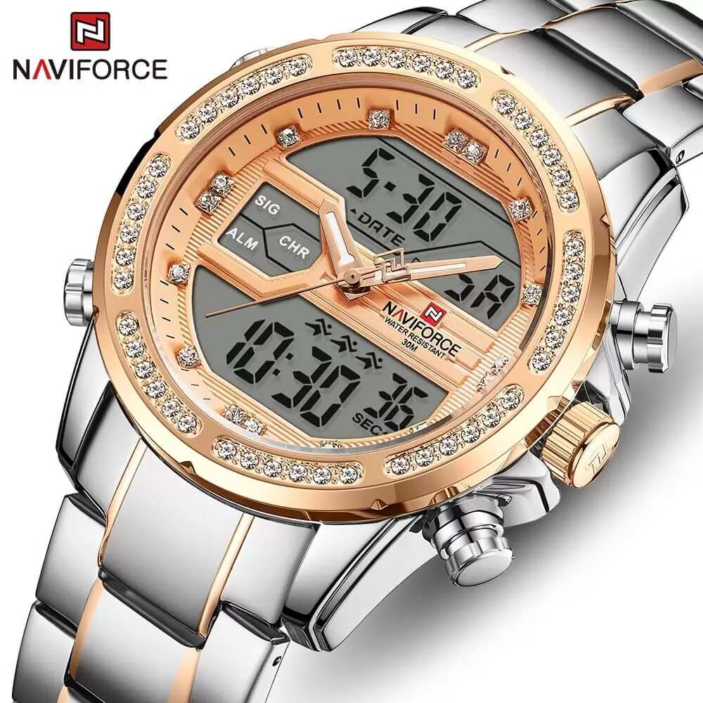 NAVIFORCE  Silver Stainless Steel Dual Time Watch For men - Silver & Rose Gold