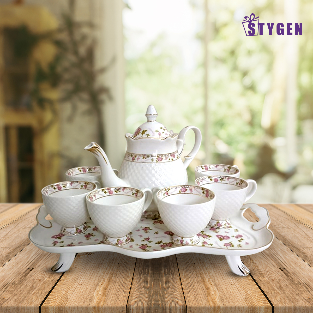 European Style Ceramic Tea Cup And Tray Set Flower Print