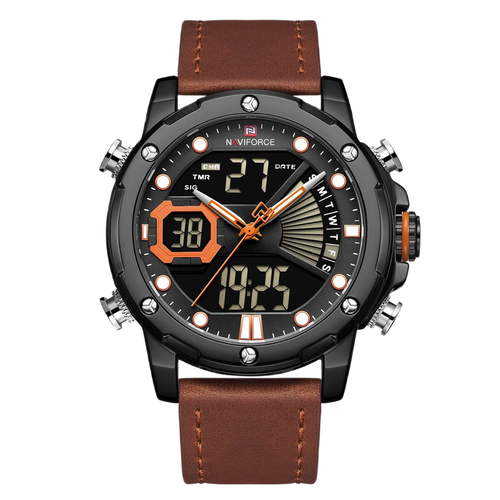 NAVIFORCE  Brown PU Leather Dual Time Wrist Watch For Men - Orange & Brown