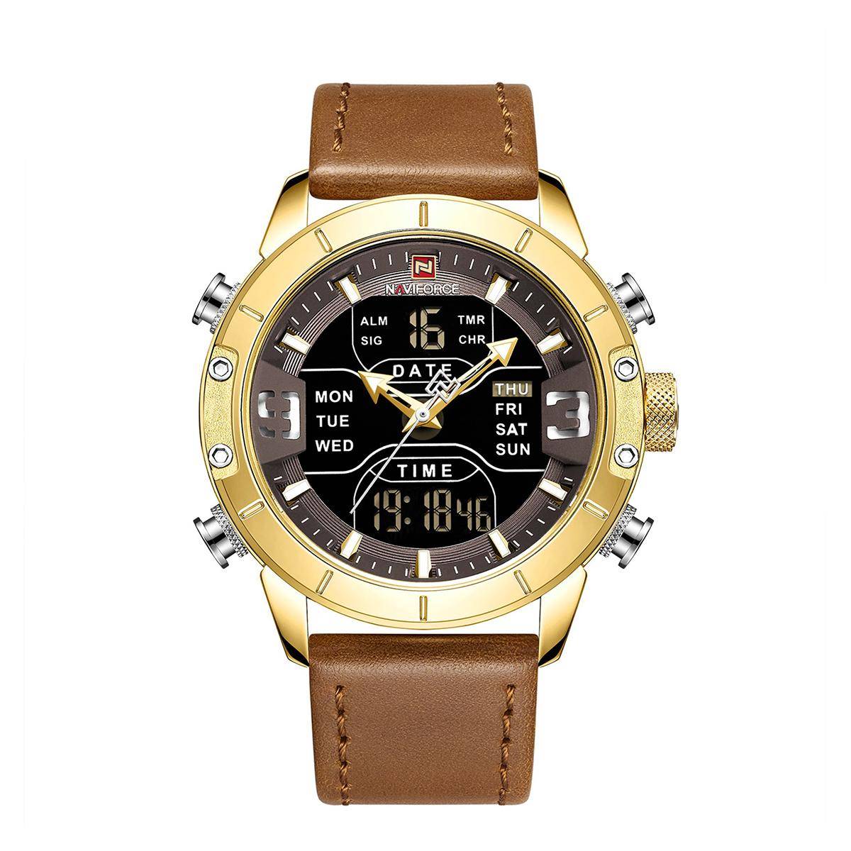 NAVIFORCE  Brown PU Leather Dual Time Wrist Watch For Men - Golden and Brown