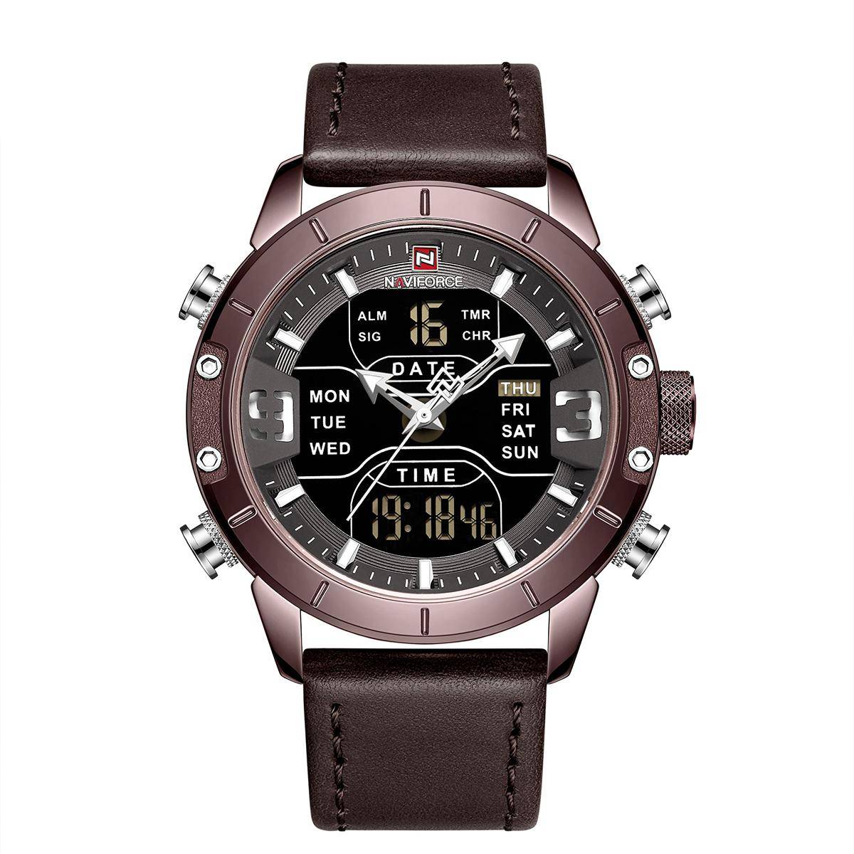 NAVIFORCE  Dark Brown PU Leather Dual Time Wrist Watch For Men - Bronze and Dark Brown