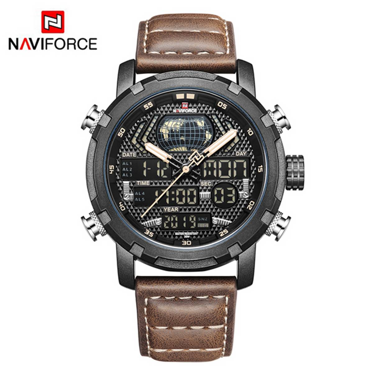 NAVIFORCE  Dark Brown PU Leather Dual Time Wrist Watch For Men - Black & Dark Brown