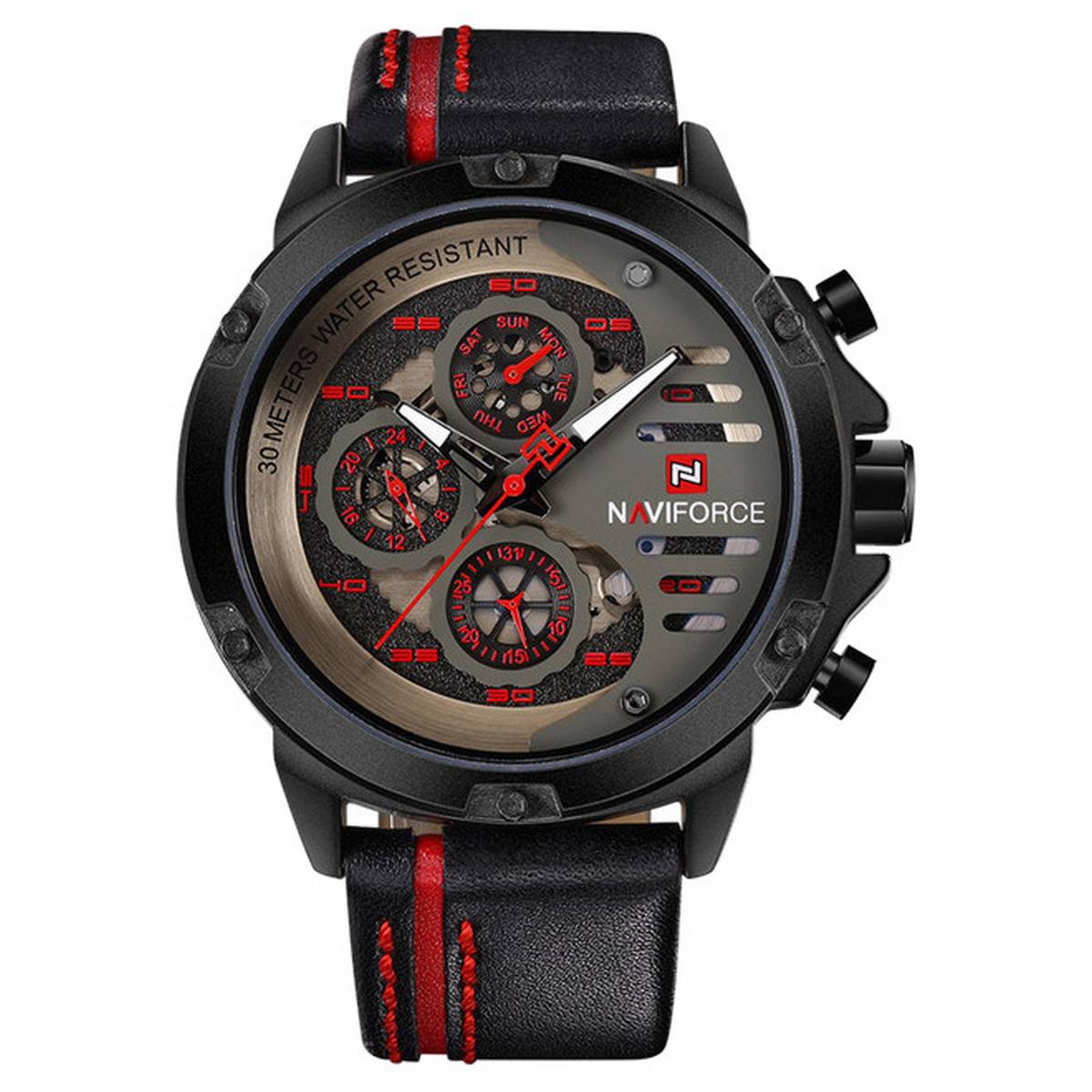 NAVIFORCE  Black PU Leather Chronograph Watch For Men - Black & Red