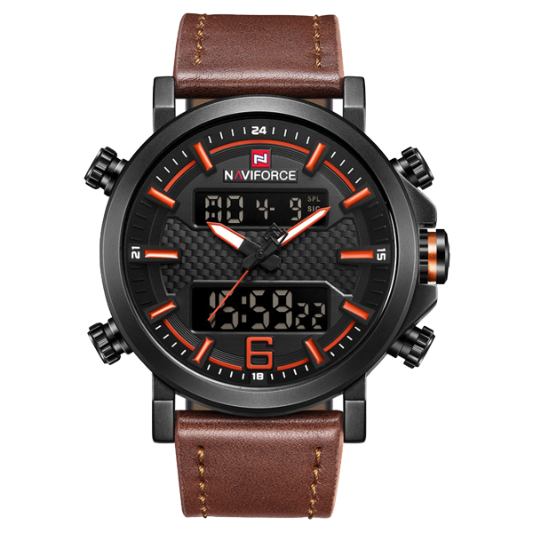 "NAVIFORCE  Chocolate PU Leather Dual Time Wrist Watch For Men - Orange & Chocolate "