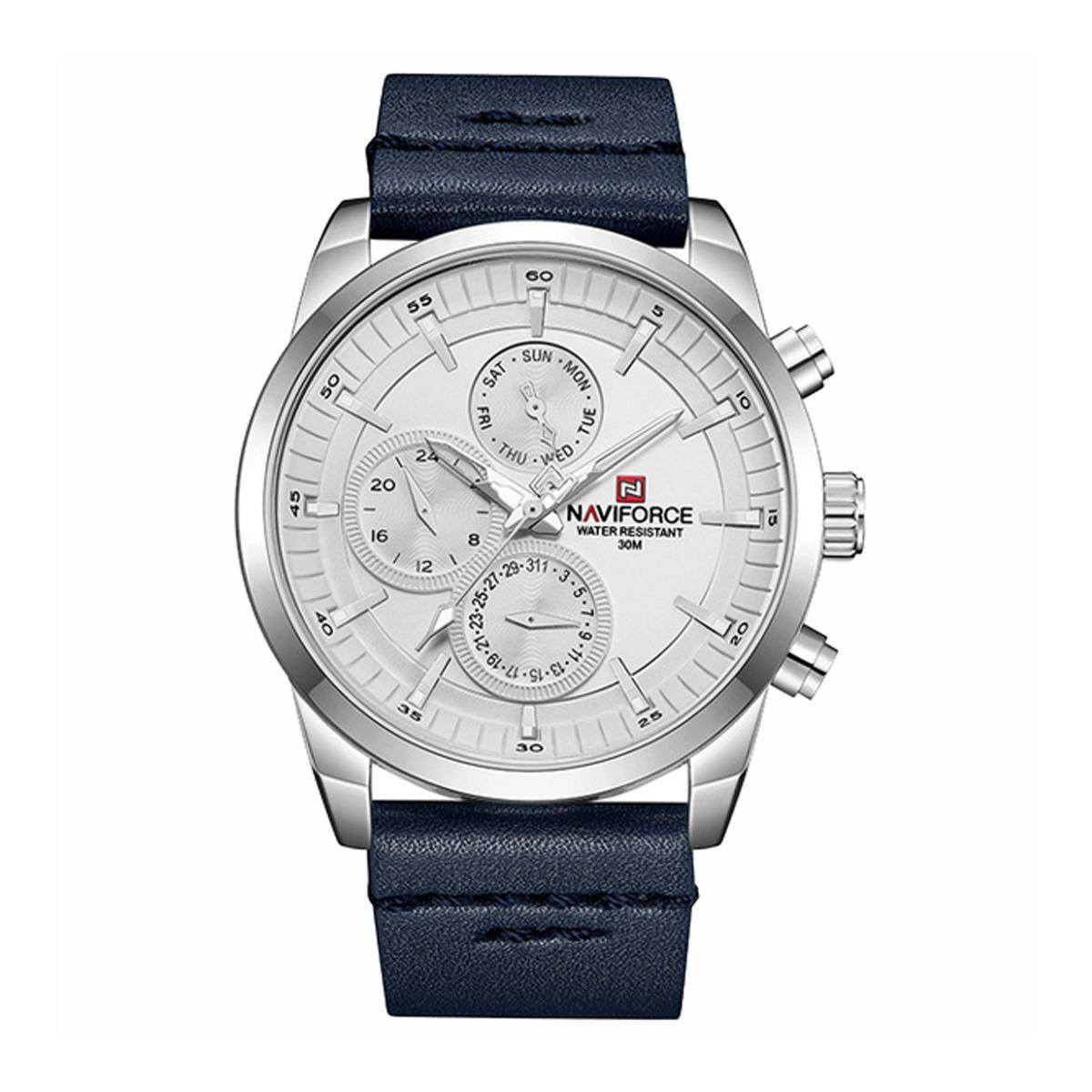 NAVIFORCE Navy Blue PU Leather Chronograph Watch For Men - Silver & Navy Blue