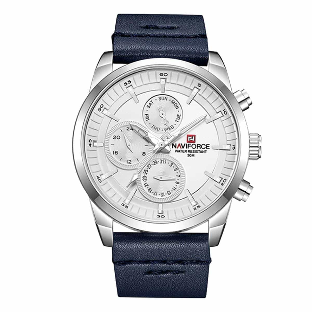 NAVIFORCE  Navy Blue PU Leather Chronograph Watch For Men - Silver & Navy Blue