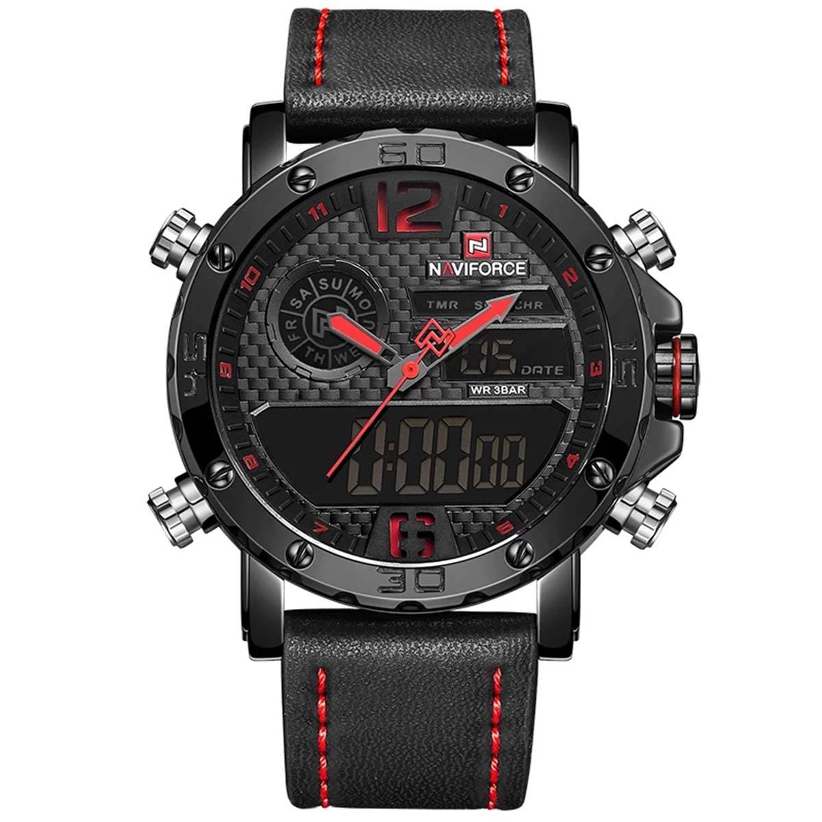 NAVIFORCE  Black PU Leather Dual Time Wrist Watch for Men- Black & Red