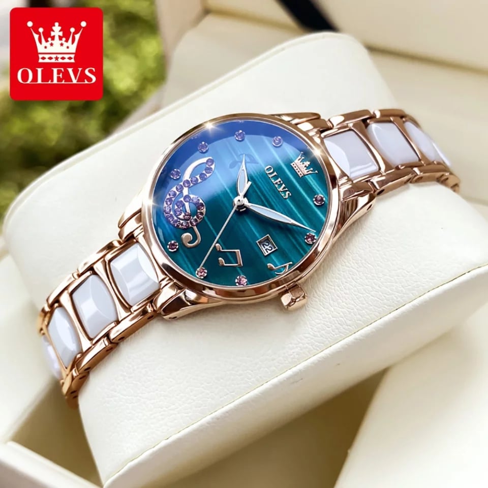 "Olevs  Rose  Gold Ceramics Watchstrap Analogue Wrist Watch For Women - Blue & Rose Gold "