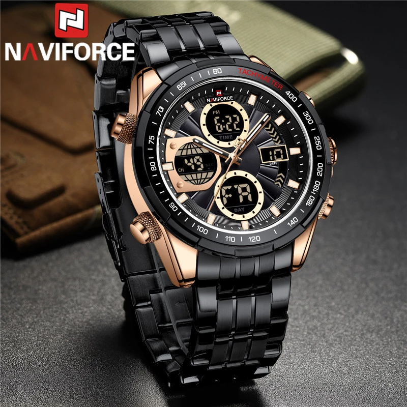 NAVIFORCE Top Brand Luxury Stainless Steel Casual Men Watch Digital Male Clock Military Sport Man Wristwatch- ROSE BLACK