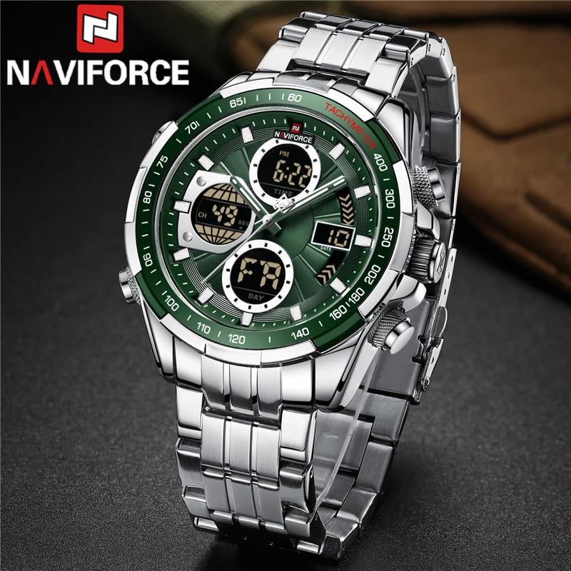 NAVIFORCE Top Brand Luxury Stainless Steel Casual Men Watch Digital Male Clock Military Sport Man Wristwatch- Silver Olive