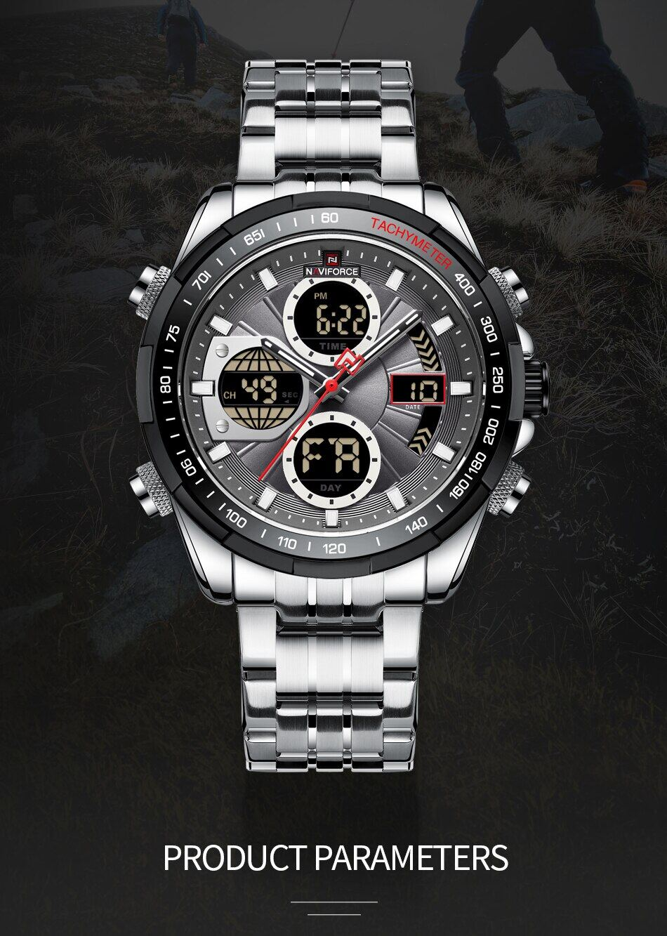 NAVIFORCE 9197 Top Brand Luxury Stainless Steel Blue Casual Men Watch Digital Male Clock Military Sport Man Wristwatch-Silver Black