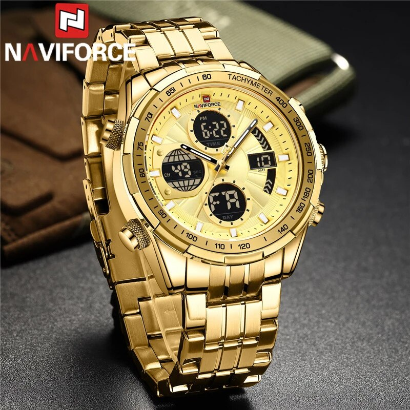 NAVIFORCE 9197 Top Brand Luxury Stainless Steel Blue Casual Men Watch Digital Male Clock Military Sport Man Wrist watch- Golden Color