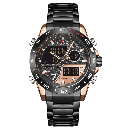 NAVIFORCE Black & Rose Gold Two-tone Stainless Steel Dual Wrist Watch For Men - Black & Rose Gold