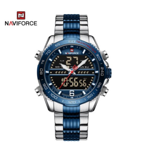NAVIFORCE NF9195(03) Silver And Royal Blue Stainless Steel Dual Time Watch For Men - Royal Blue & Silver