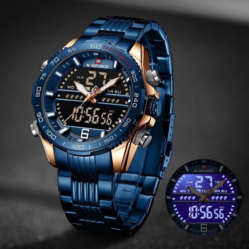 NAVIFORCE 9195(05) Top Brand Luxury Stainless steel Casual Men Watch Digital Male Wristwatch- Rose Blue