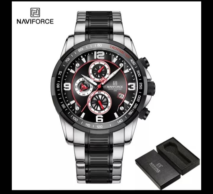 NAVIFORCE Luxury Mens Fashion Business Stainless Steel Strap Waterproof Quartz Chronograph Watch NF8020BS