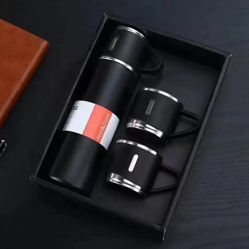 Black Color 500ml Stainless Steel Vacuum Flask Set with Two Cups