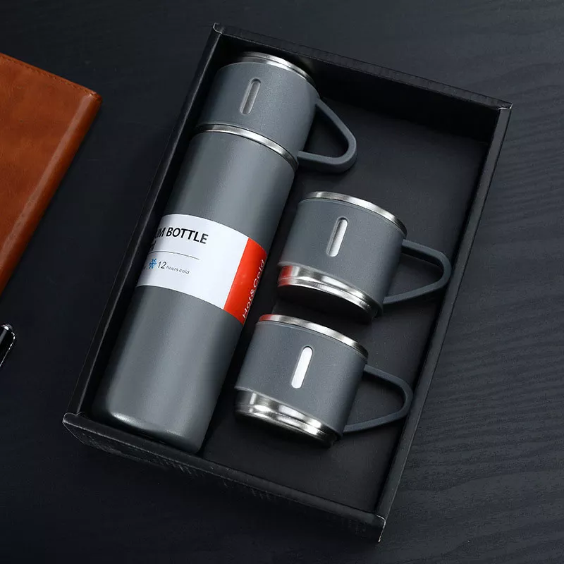 Gray Color 500ml Stainless Steel Vacuum Flask Set with Two Cups