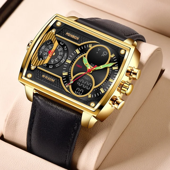 FOXBOX® Tangan Pri Top Brand Black Luxury Men Leather Watch Dual Dial